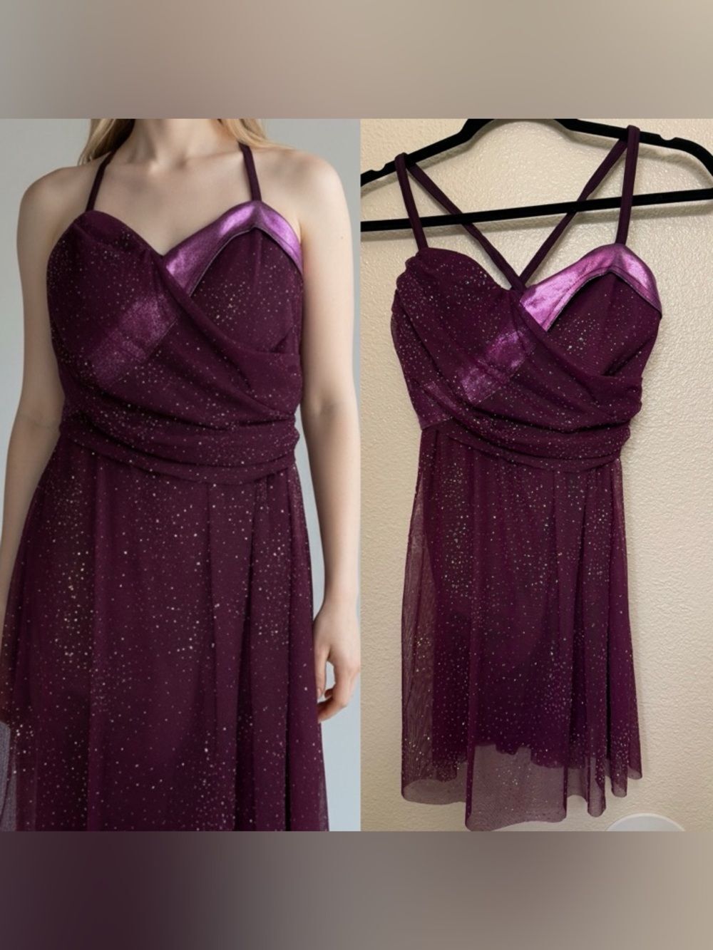 Girls Plum Sparkle Dance Dress with Satin Trim